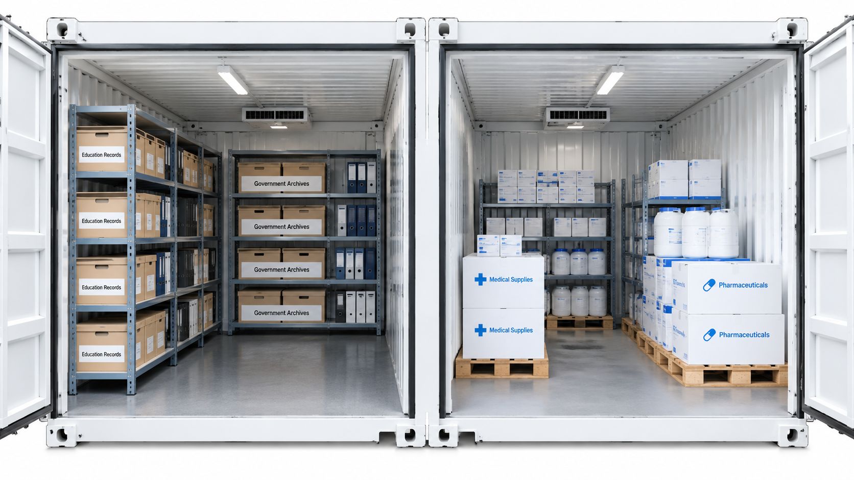 A climate controlled storage container divided into two sections, one with records and another with medical supplies.
