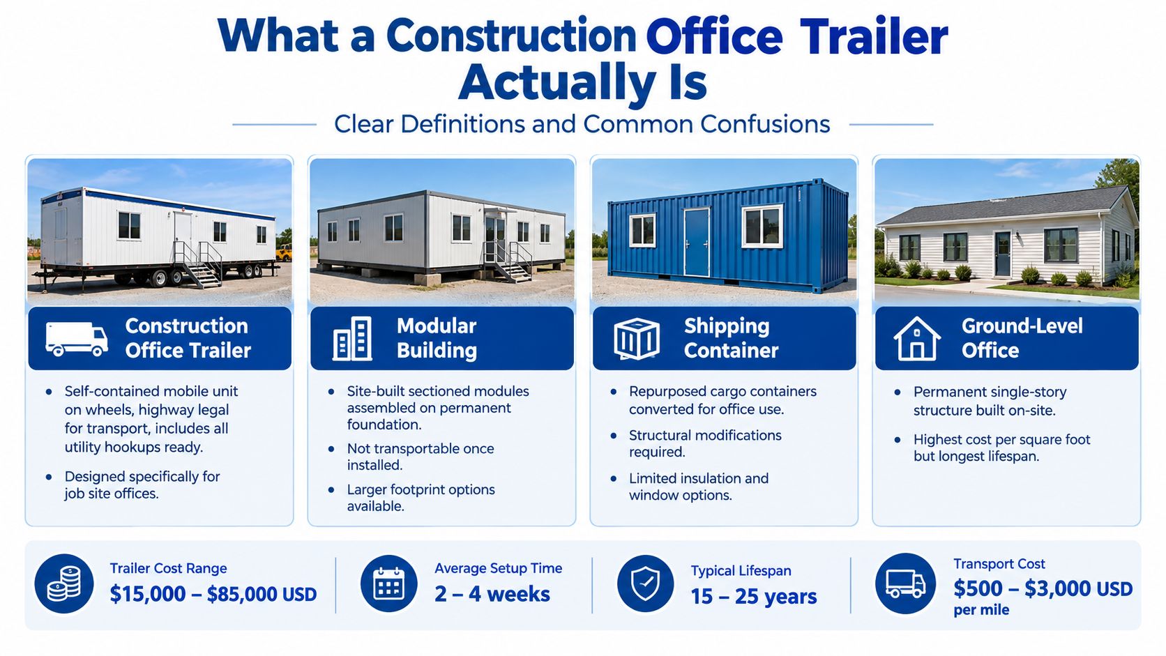 An infographic comparing different types of structures used for construction office spaces, including trailers, modular buildings, and containers.