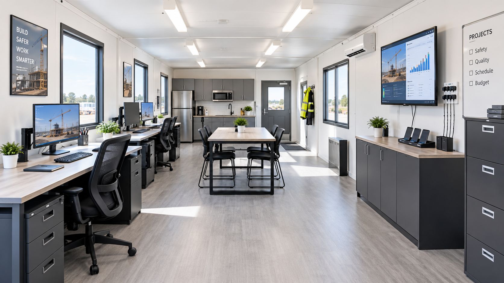A clean, modern construction office trailer featuring multiple desks, a meeting table, kitchenette, and electronic equipment.