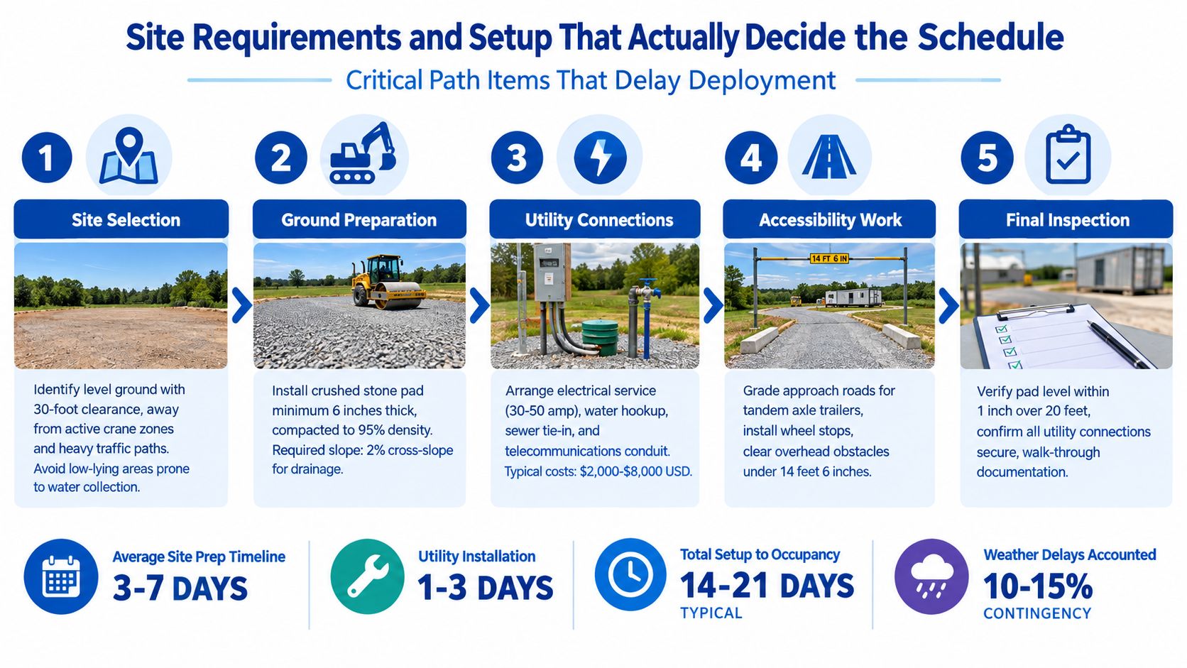 A five-step guide detailing site requirements and setup timeline for the deployment of a construction office trailer.