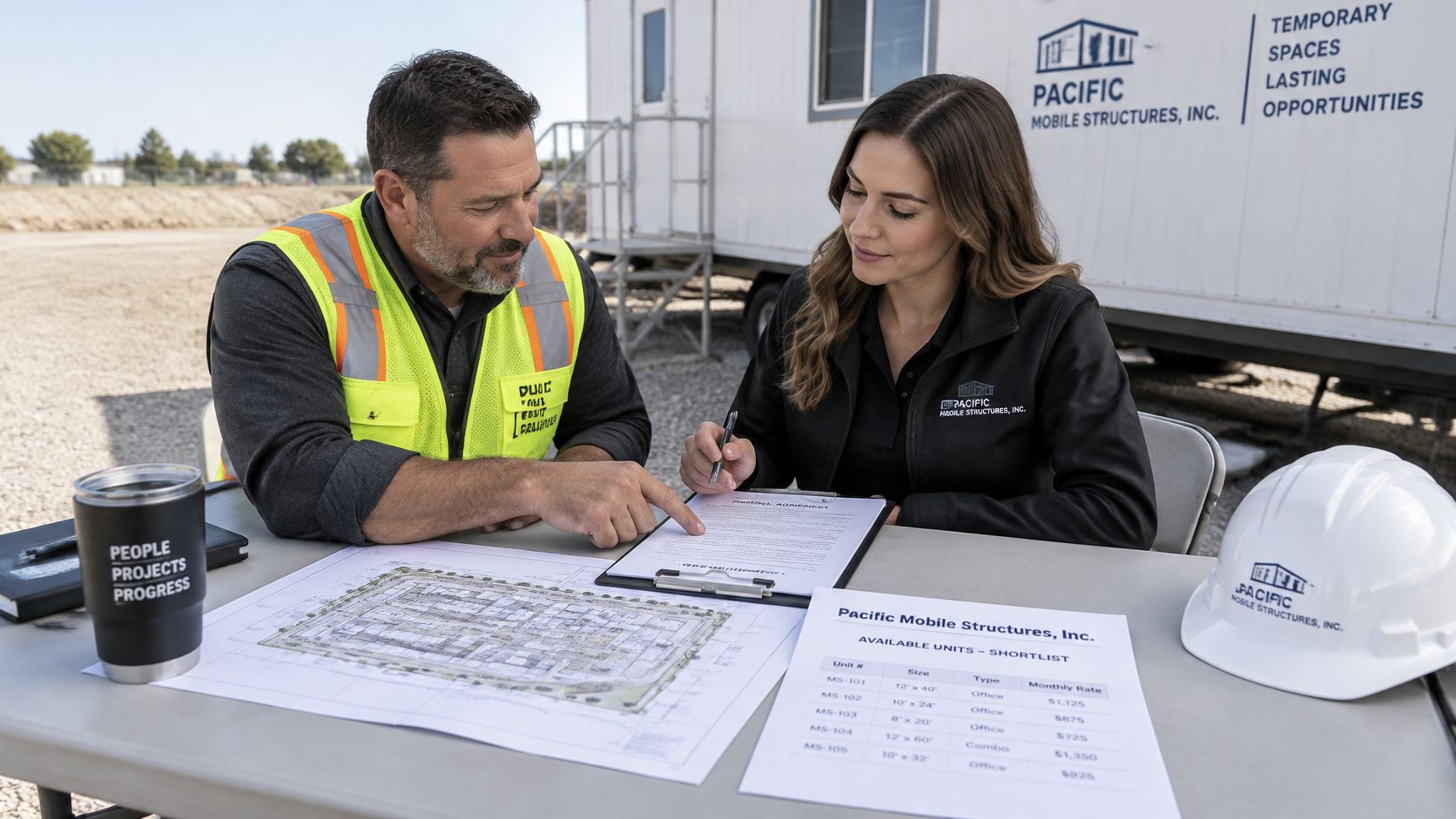 A man in a safety vest and a woman review documents outside a Pacific Mobile Structures trailer.