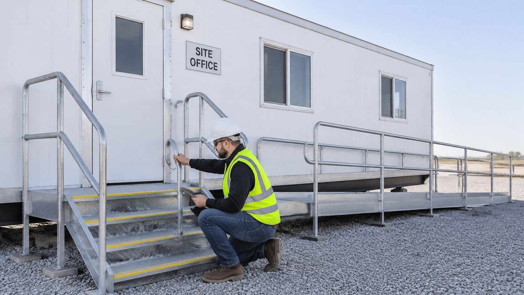 A construction worker in a hard hat and high-visibility vest inspects the steps of a portable site office trailer.