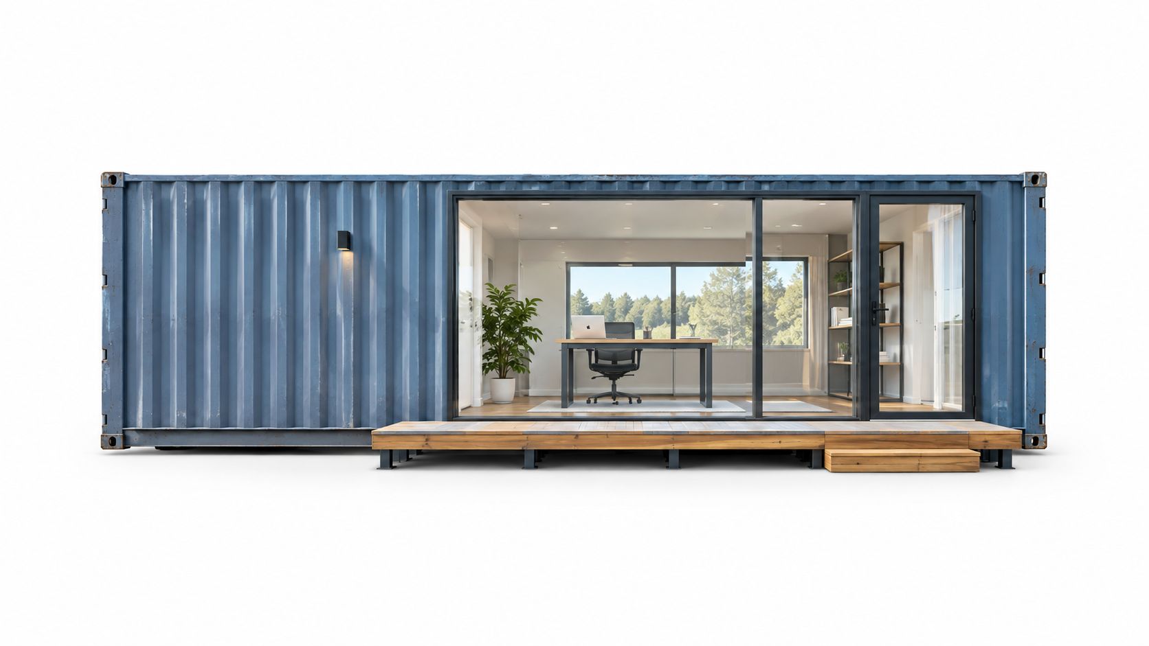 A modern 40ft shipping container office conversion featuring a minimalist workspace with glass doors and wooden deck.