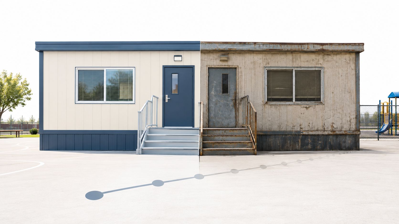 A side-by-side comparison of a new, well-maintained portable classroom and a weathered, old portable building.