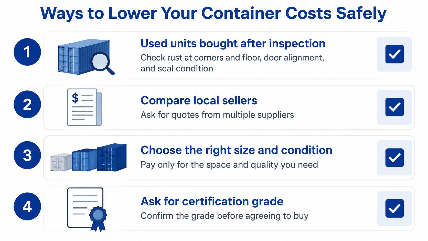 An infographic titled Ways to Lower Your Container Costs Safely, featuring four numbered tips for buyers.