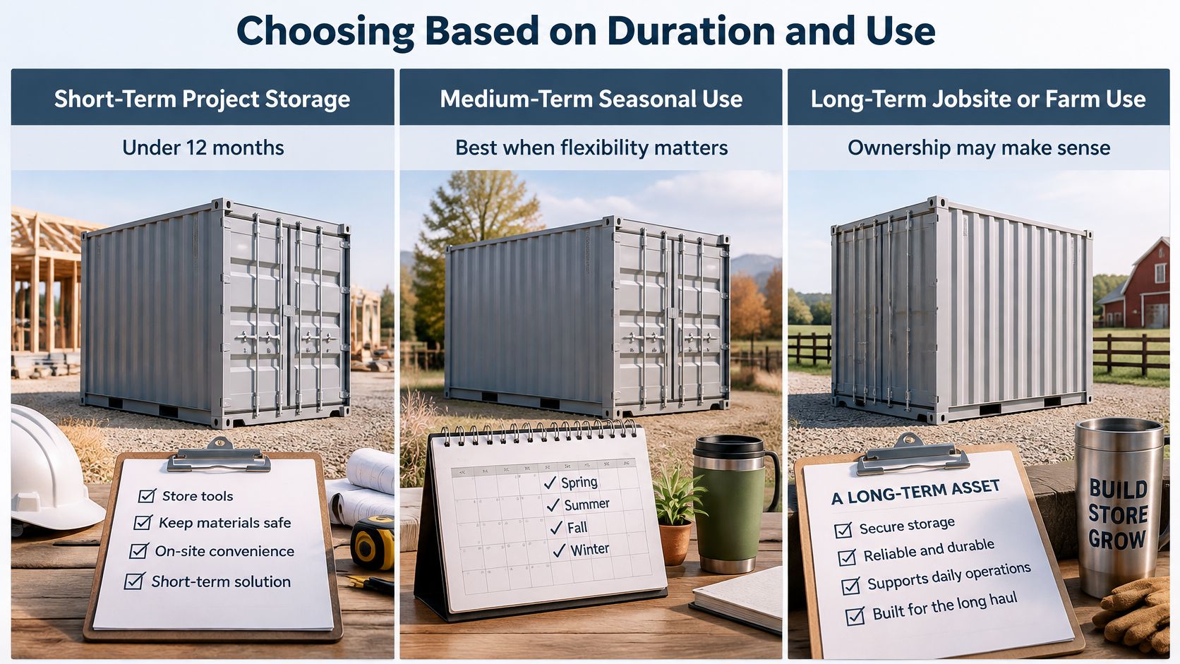 A comparison chart showing shipping container storage solutions for short-term, medium-term, and long-term business or farm usage.