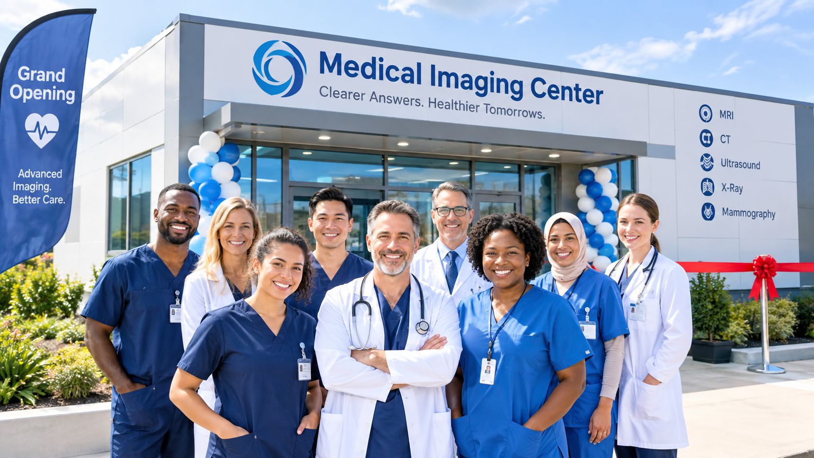 A diverse group of smiling medical professionals standing in front of a modern medical imaging center building.