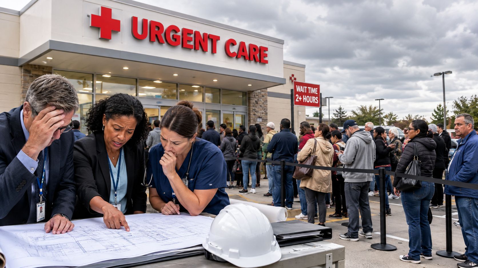 Professionals reviewing architectural plans for a new urgent care facility with a crowded patient line outdoors.