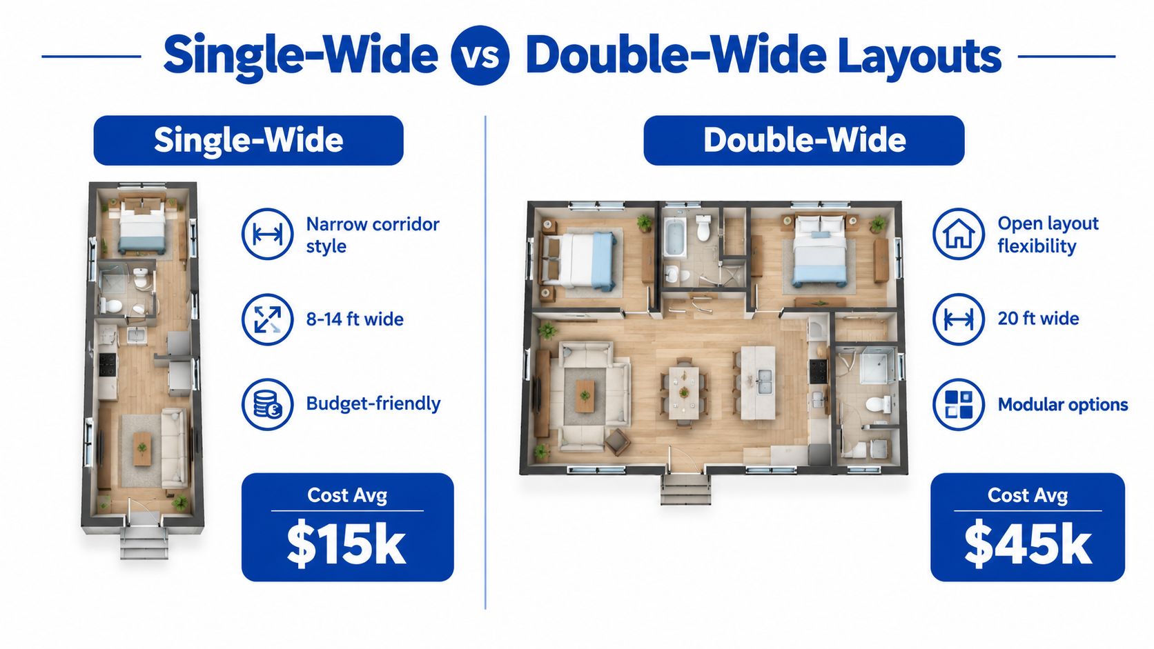 A comparison infographic showing floor plan layouts for single-wide and double-wide mobile office trailers with pricing.