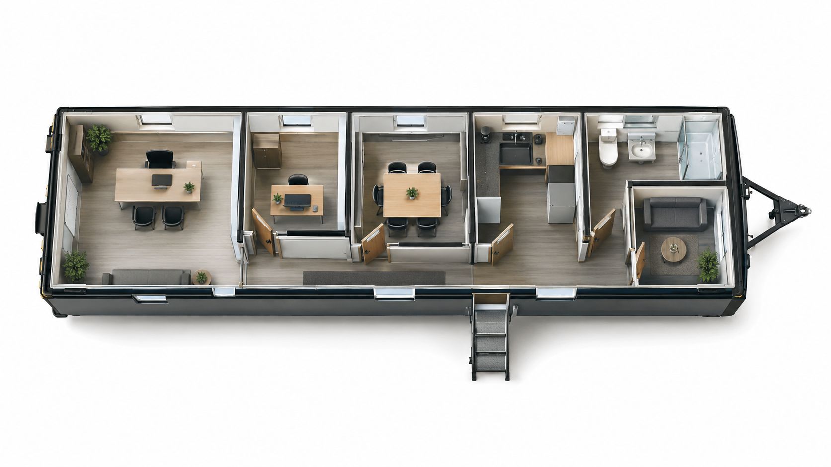 A top-down view of a modern mobile office trailer featuring multiple workspaces, a kitchenette, and a bathroom.