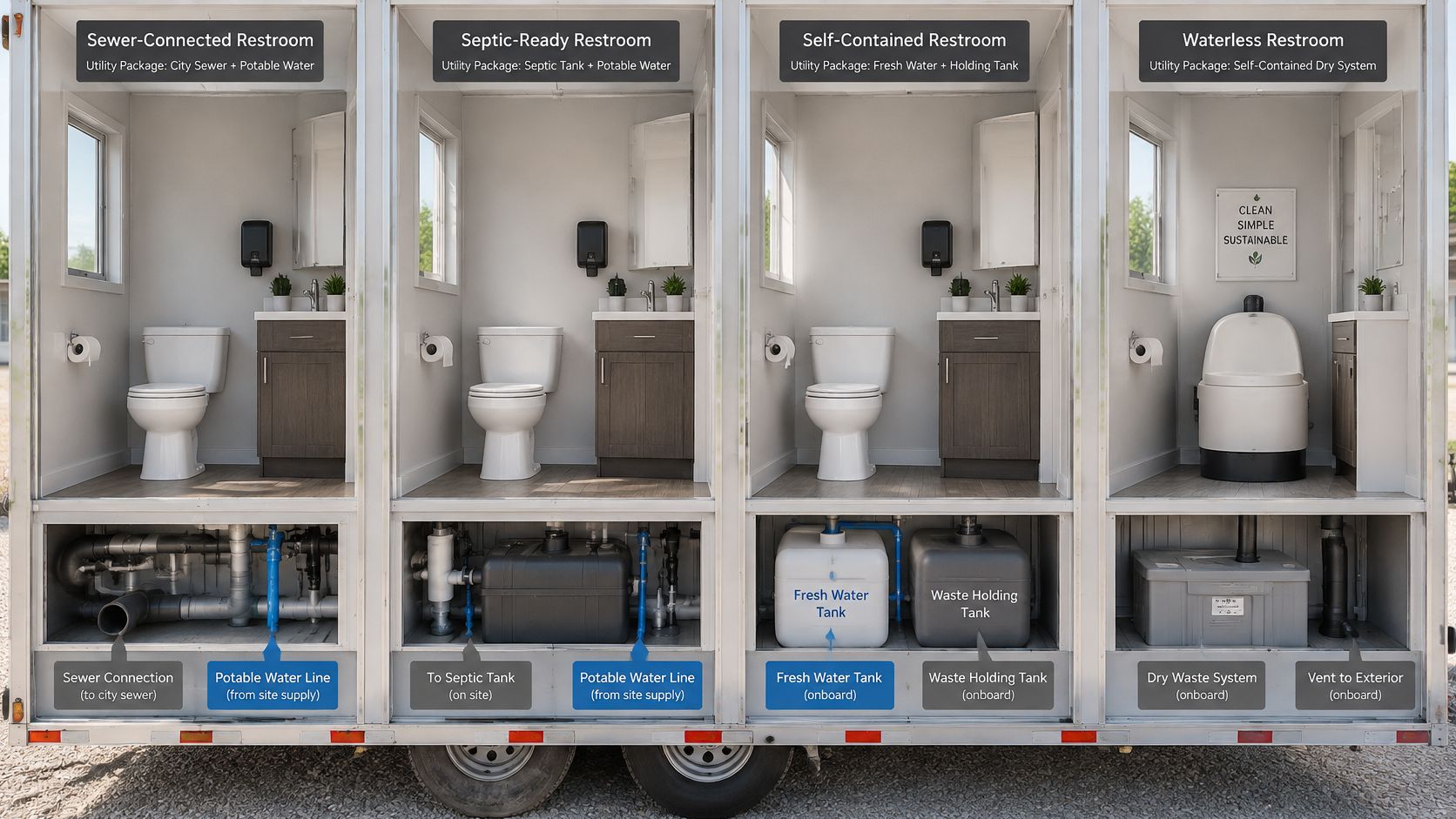A cutaway view of a mobile trailer showing four different types of restroom utility configurations side-by-side.