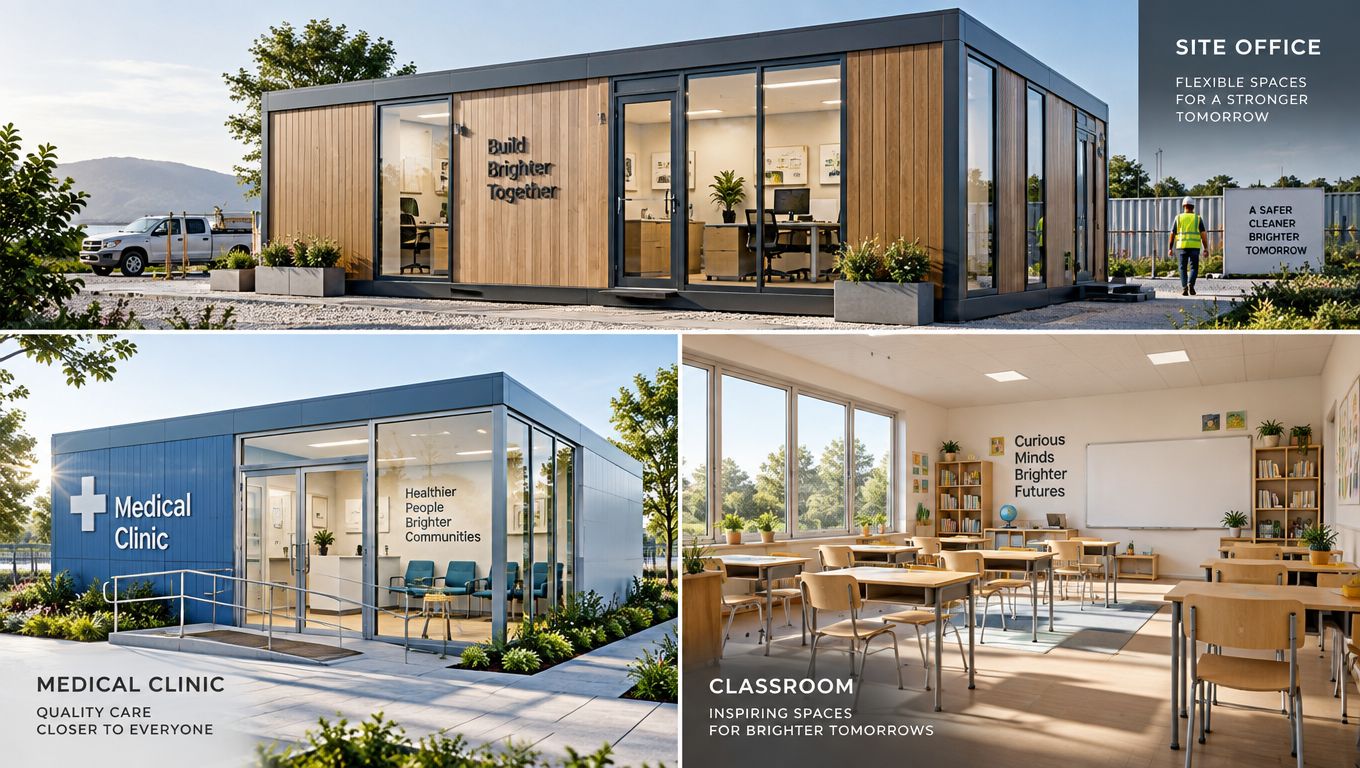 Three views showing modular building applications for a site office, a medical clinic, and a classroom.