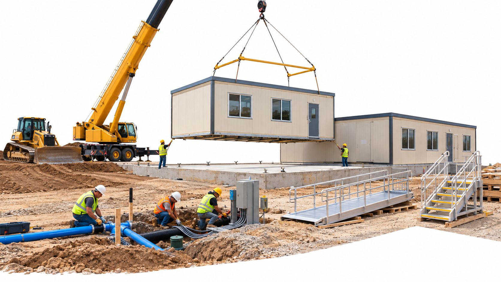 Construction workers setting up a prefabricated modular building on a job site with a crane nearby.