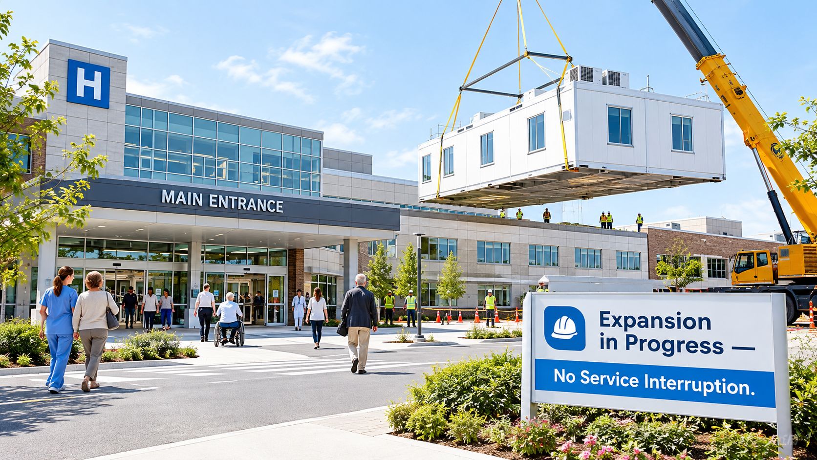 A crane lowers a large modular building unit onto the roof of a hospital entrance expansion site.