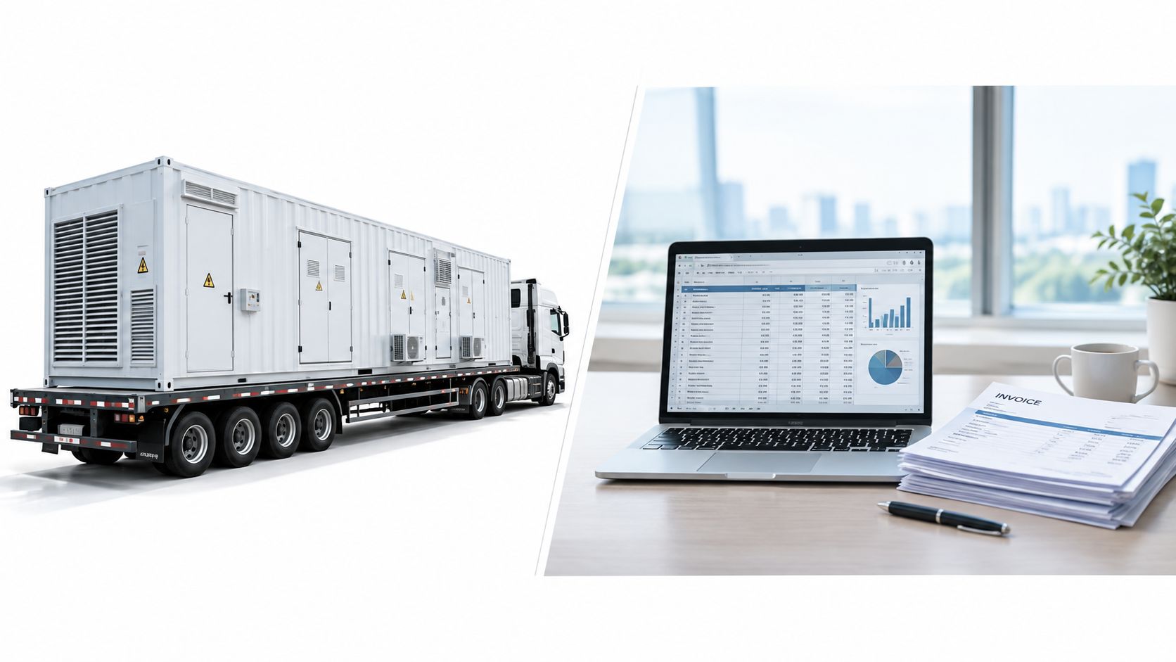 A modular data center container on a flatbed trailer next to a laptop displaying financial data.