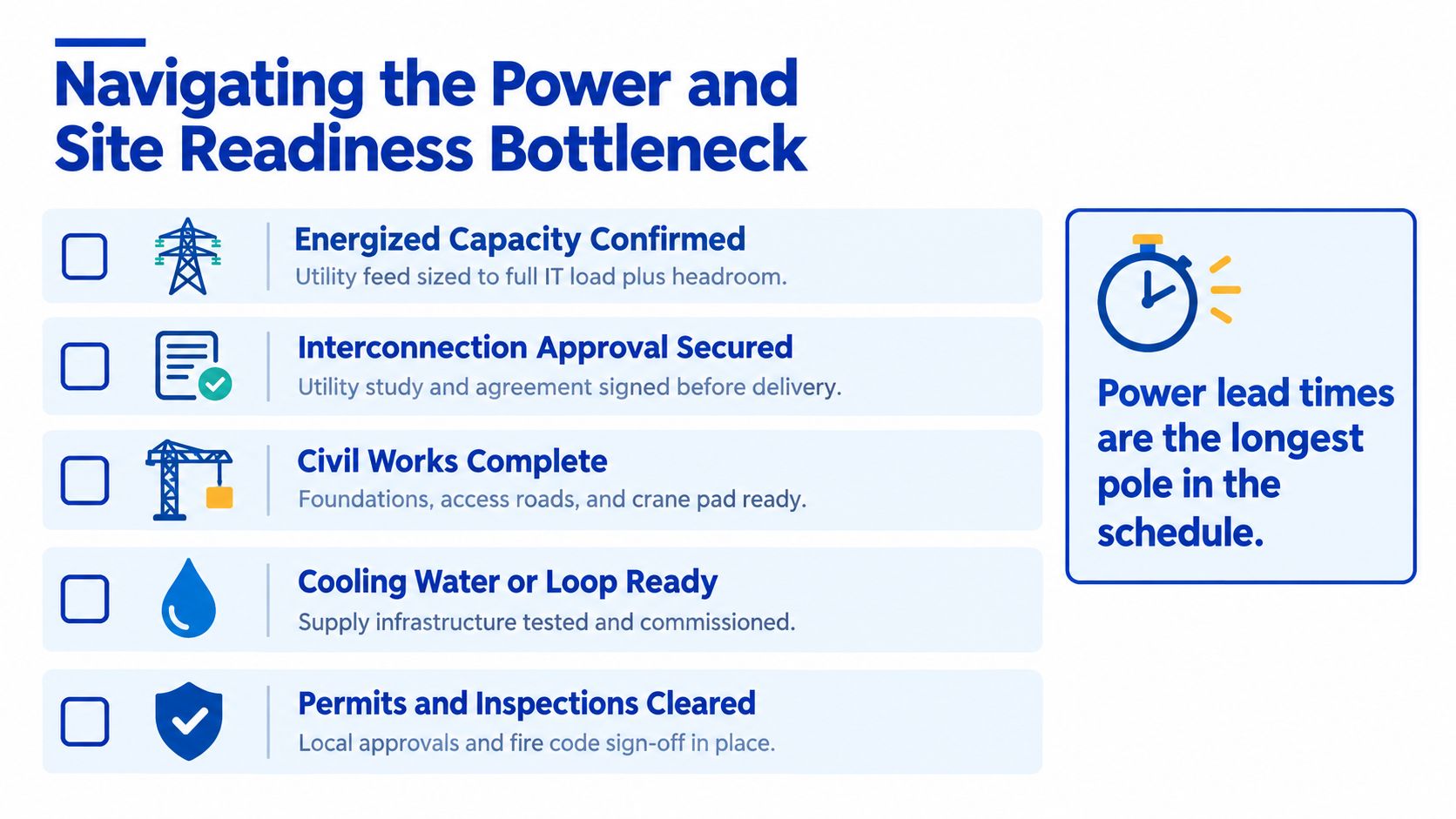 A checklist infographic titled Navigating the Power and Site Readiness Bottleneck for data center infrastructure planning.