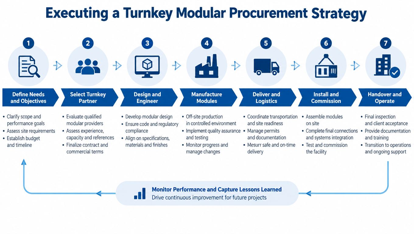 A seven-step flowchart infographic outlining the procurement strategy for executing a turnkey modular construction project.