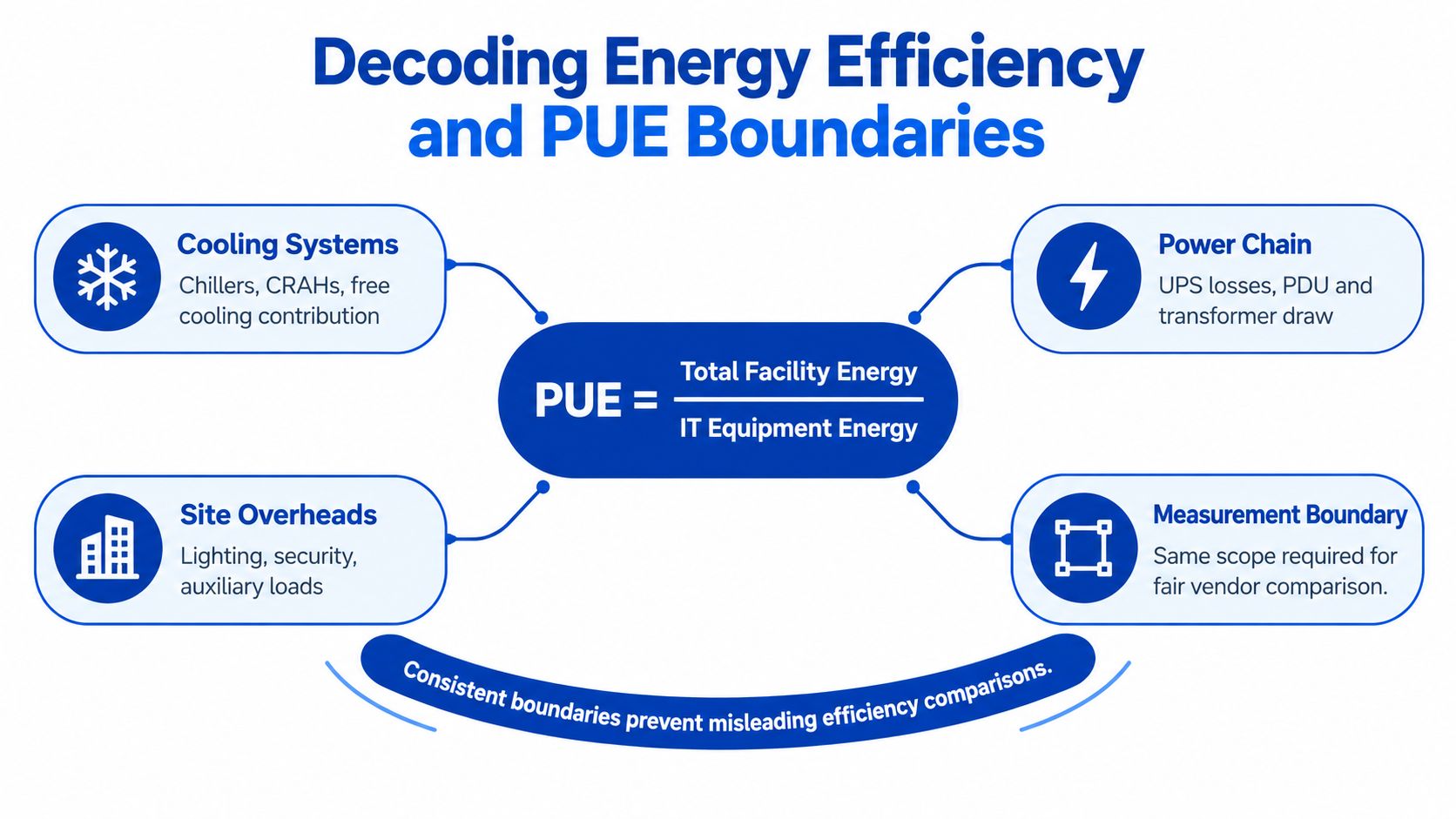 A diagram explaining PUE energy efficiency calculations in data centers with cooling, power, site overheads and measurement boundaries.