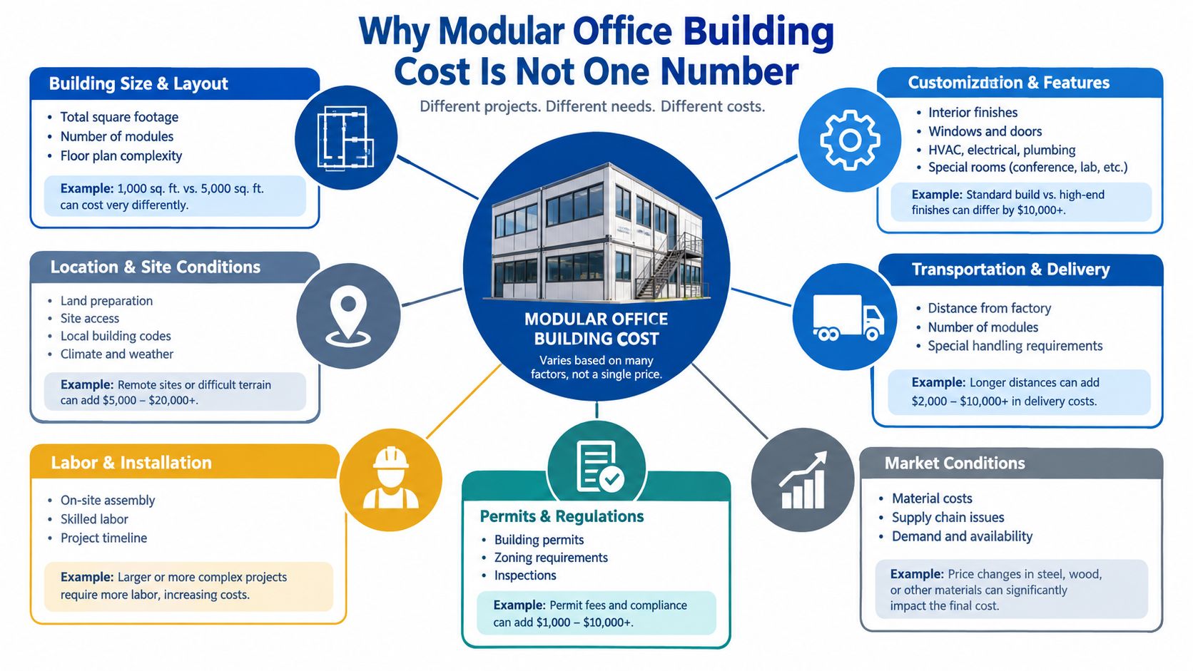 An infographic titled Why Modular Office Building Cost Is Not One Number detailing various factors affecting construction prices.