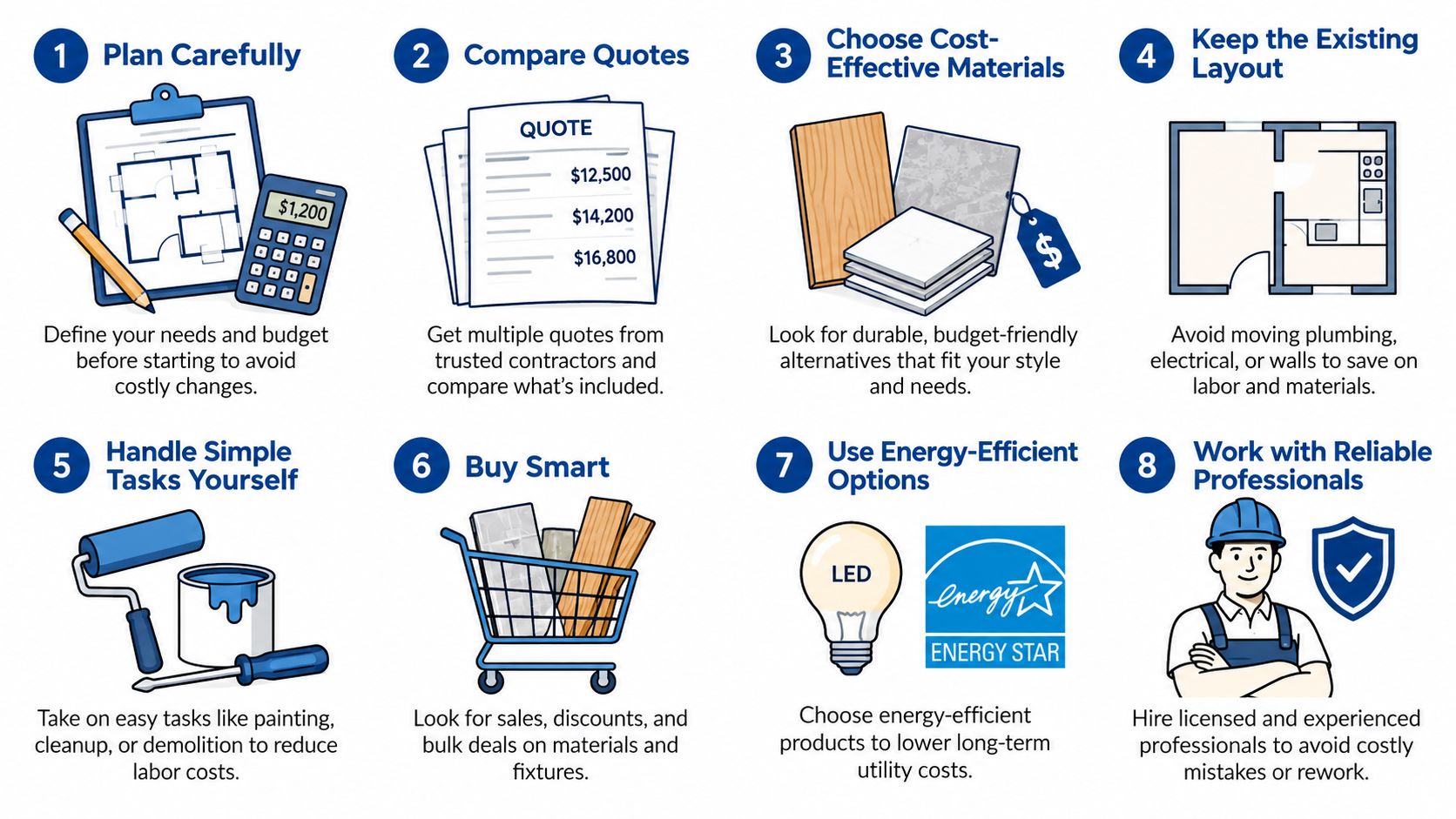 An infographic showing eight practical tips for reducing renovation expenses for your home or office project.