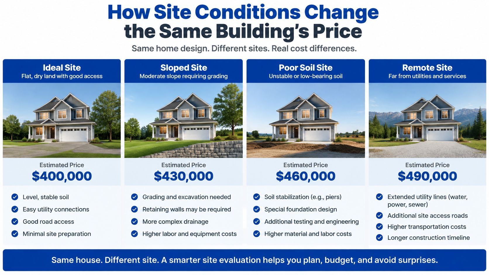 A chart showing how different site conditions like slope or soil quality impact the final building price.