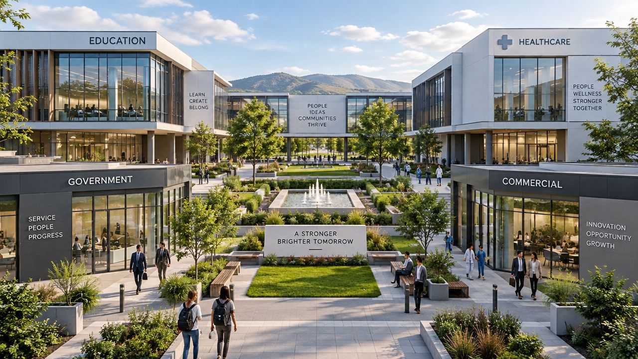 A modern campus featuring buildings labeled education, healthcare, government, and commercial surrounding a beautiful central park area.
