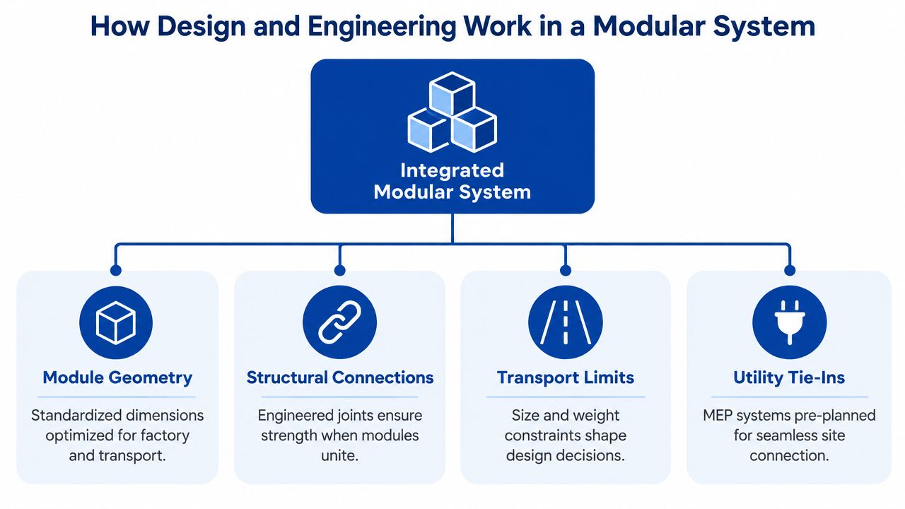 A diagram illustrating how integrated modular systems are designed and engineered using four key foundational principles.