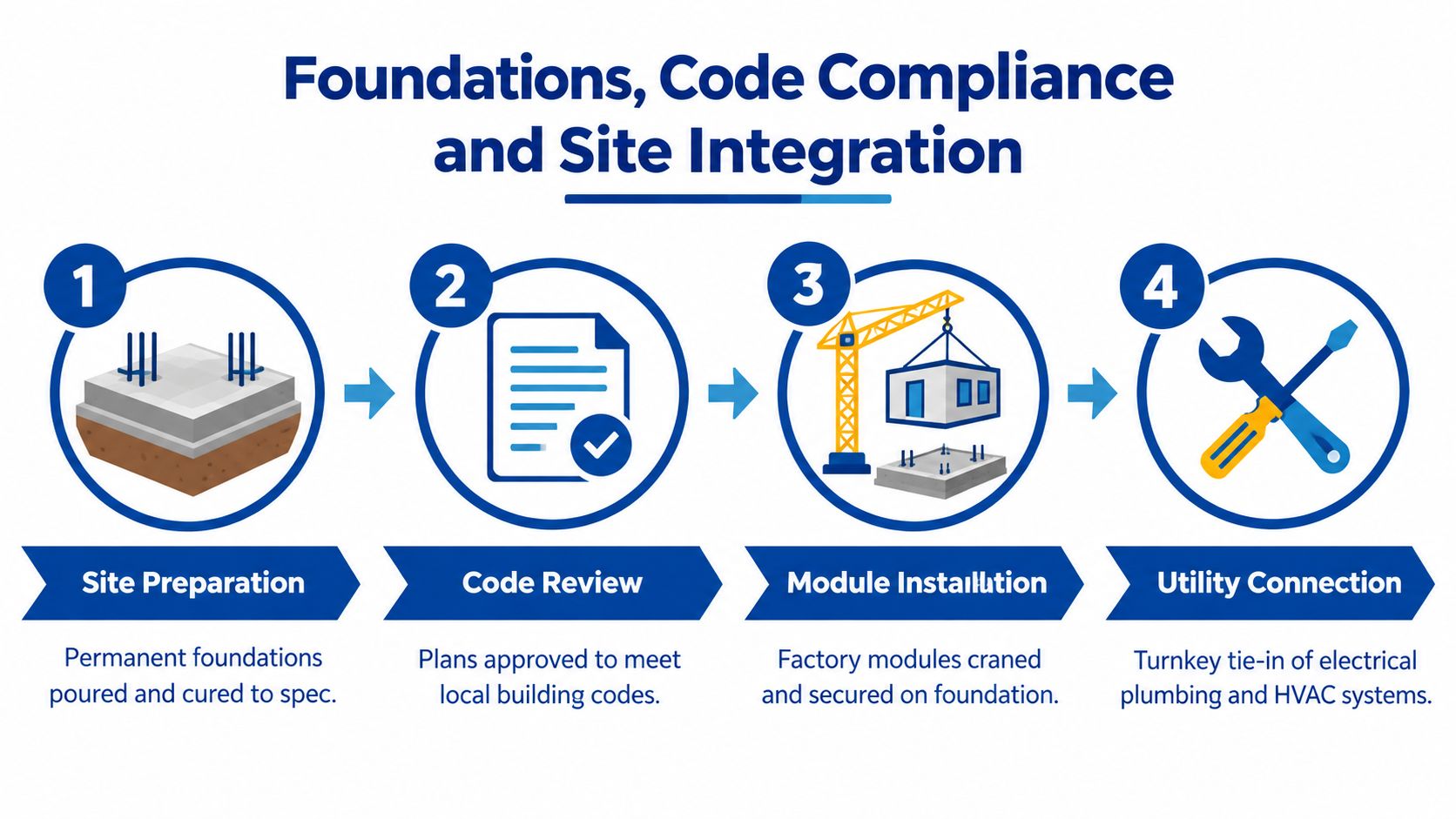 A four-step infographic illustrating the process of permanent modular construction including site preparation, code review, installation, and utility connection.
