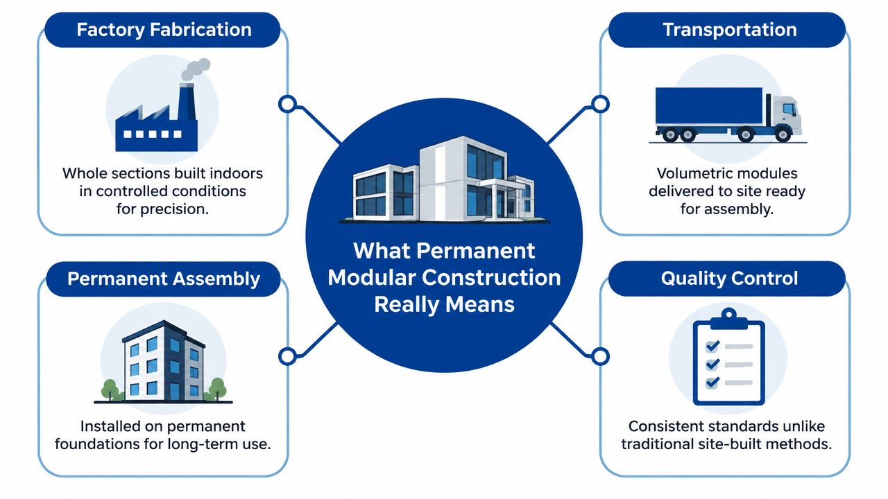 An infographic showing the four key stages of permanent modular construction: factory fabrication, transportation, assembly, and quality control.