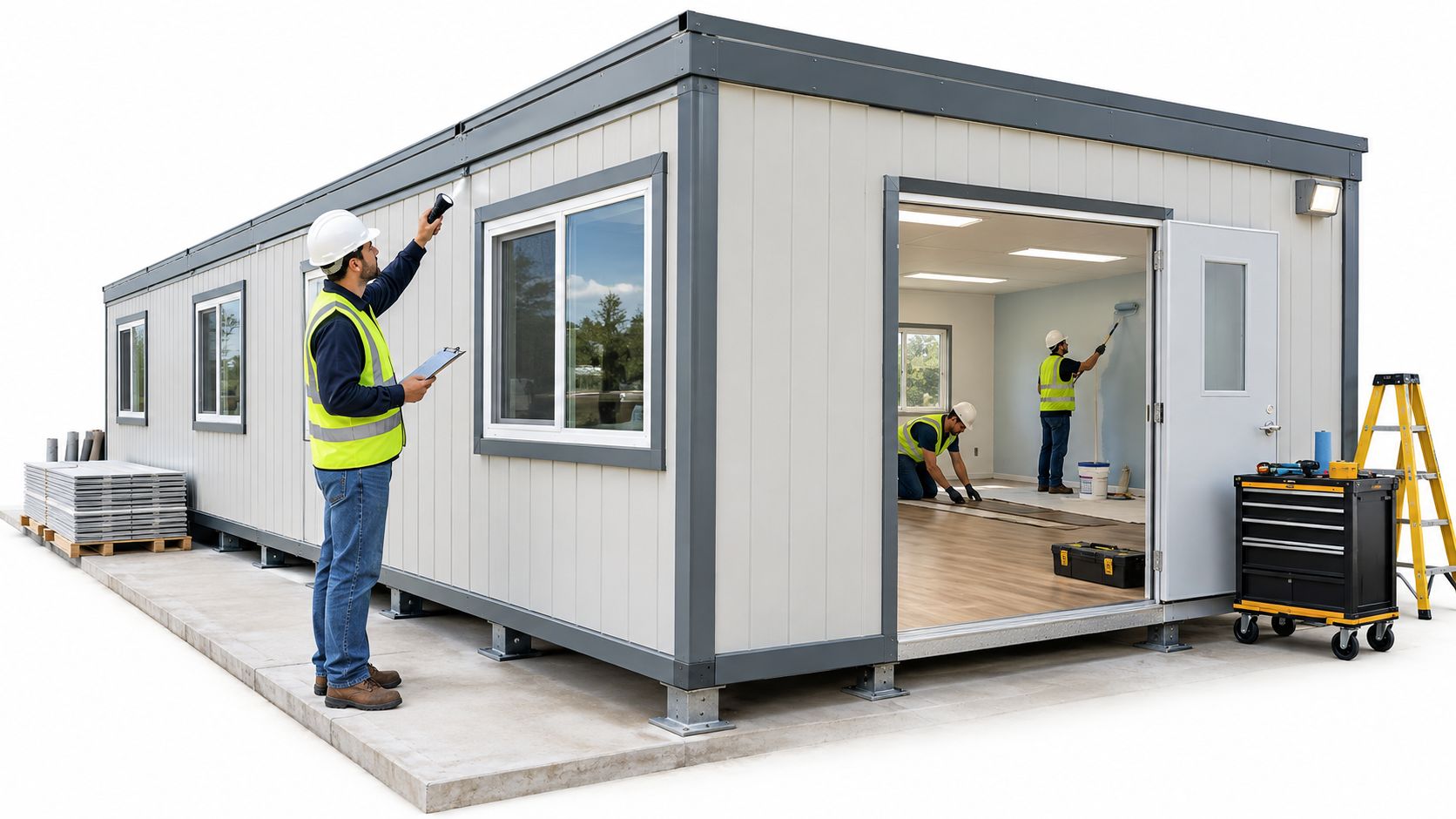 A construction crew works on finishing the interior and exterior of a modular portable office building.