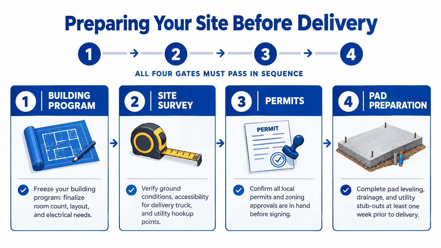 A four-step infographic illustrating the required site preparation process for portable building delivery and installation.