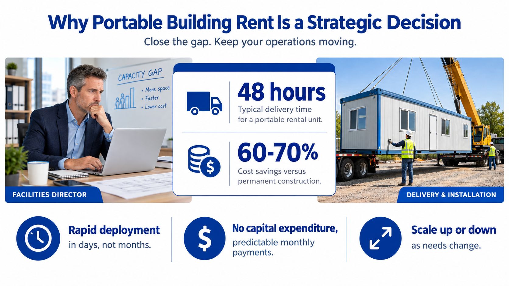 A professional infographic titled Why Portable Building Rent Is a Strategic Decision explaining the benefits of rental units.