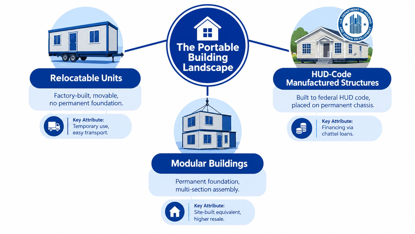A diagram comparing relocatable units, HUD-code manufactured structures, and modular buildings for the portable building landscape.