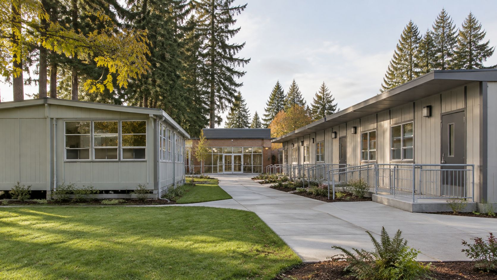 A modern outdoor walkway leading to a brick building surrounded by portable classroom structures and trees.