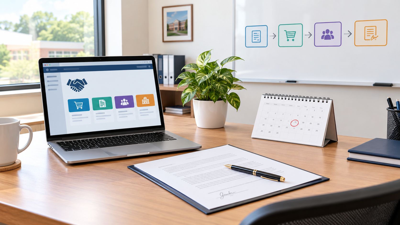 A professional office desk featuring a laptop displaying a business dashboard, a calendar, and important documents.