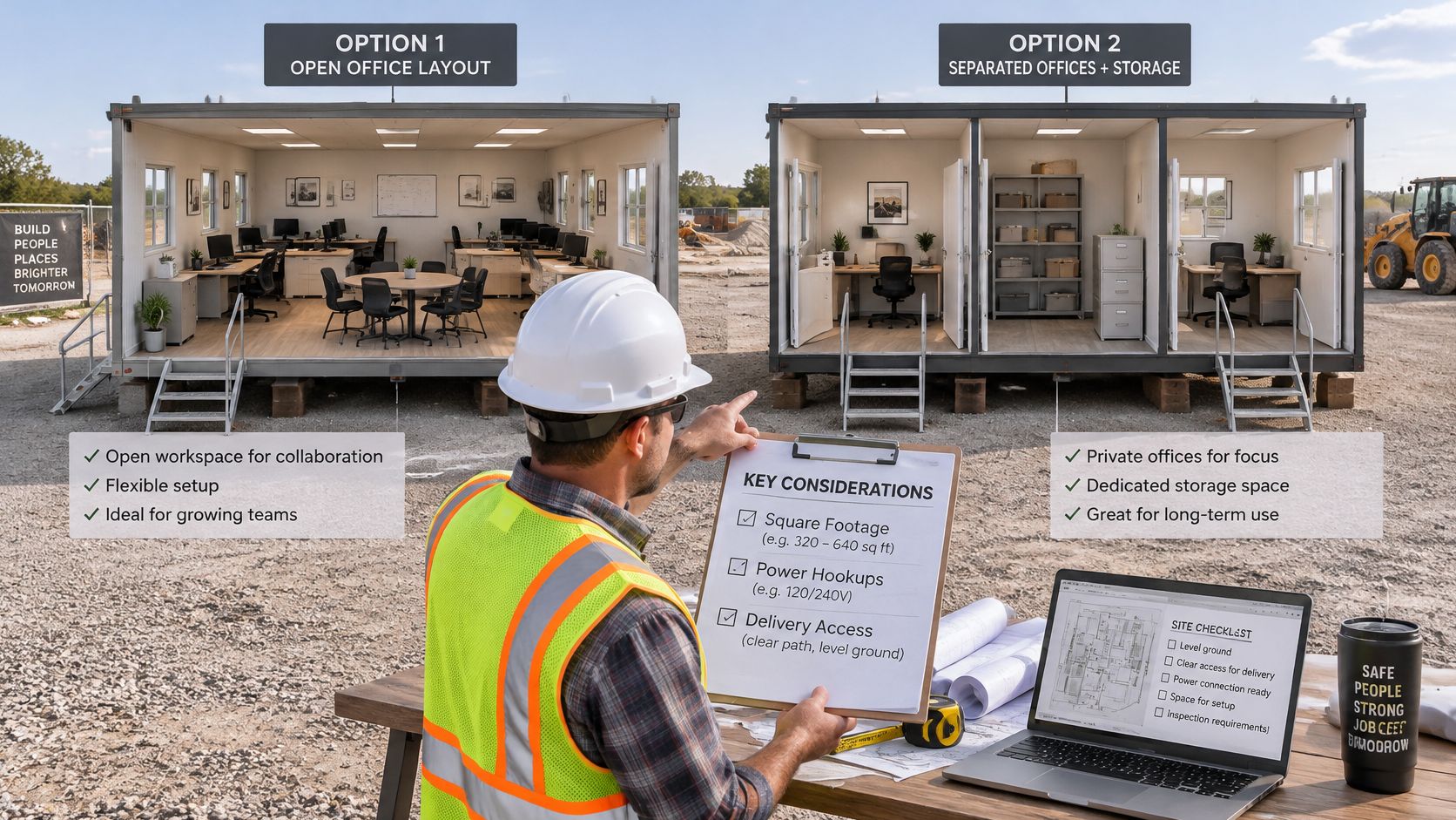 A construction manager reviews portable office trailer layouts with options for open workspace or private offices.