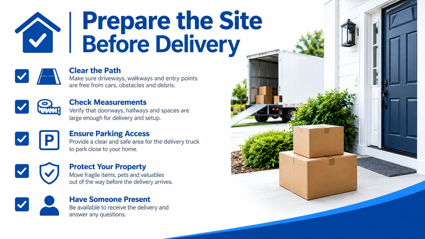 A checklist for homeowners to prepare their property for a scheduled delivery of large items or furniture.