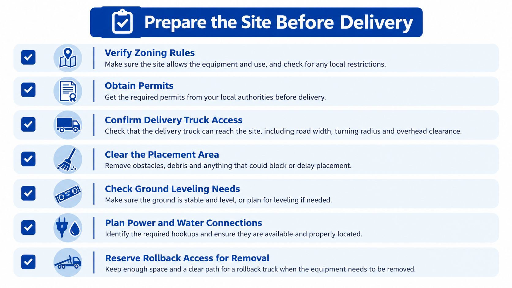 A checklist titled Prepare the Site Before Delivery listing seven essential steps for equipment installation and logistics.