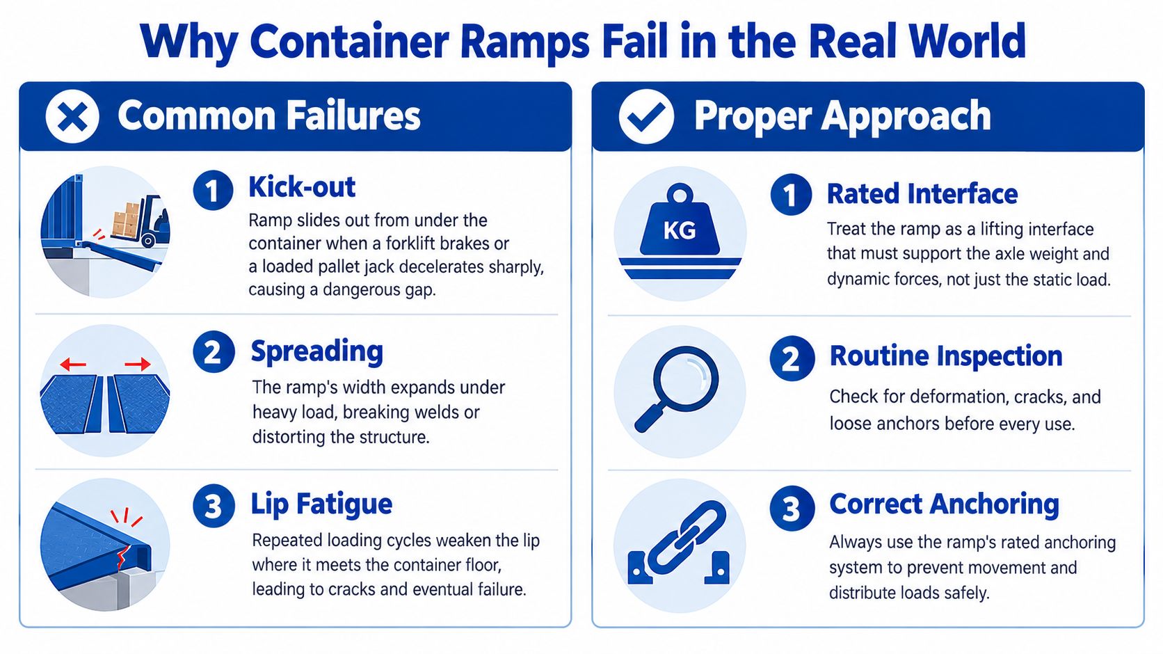 An infographic detailing three common failures of container ramps and three proper safety approaches for their use.