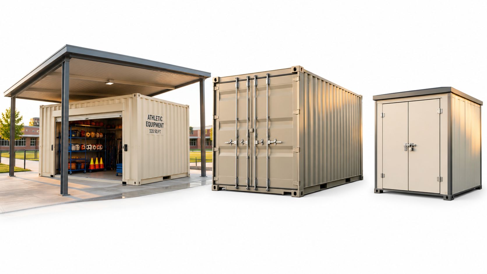 Three tan secure storage containers displayed outdoors, including a large unit with shelves for athletic equipment.