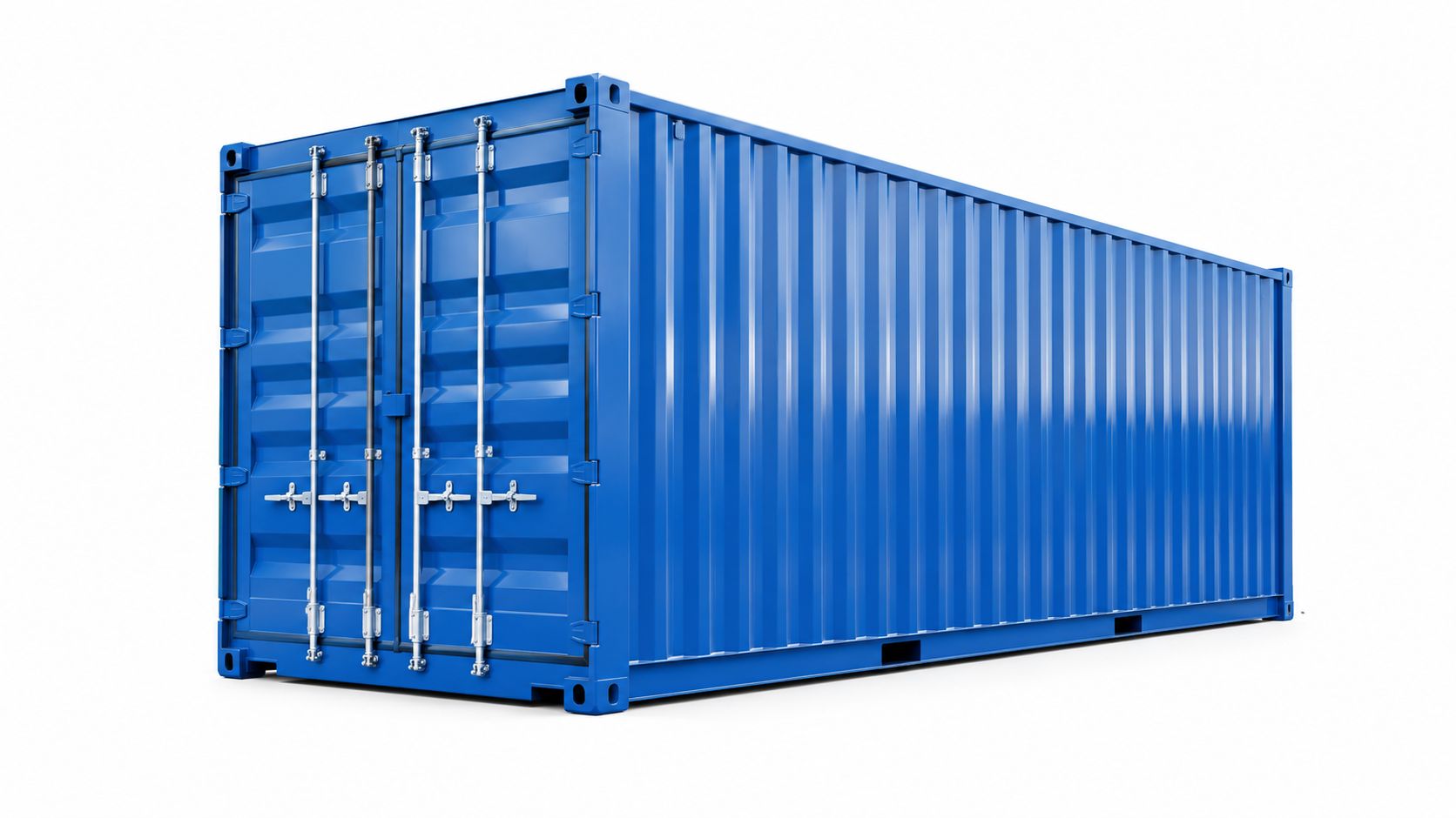 A large blue corrugated metal shipping container standing isolated against a clean white background