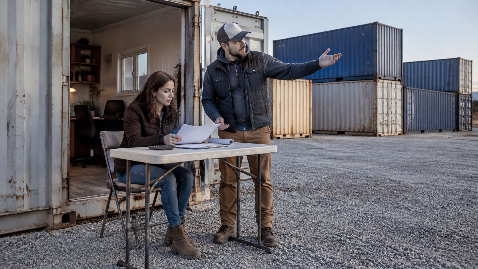 A man pointing at shipping containers while a woman reviews documents at an outdoor office table.