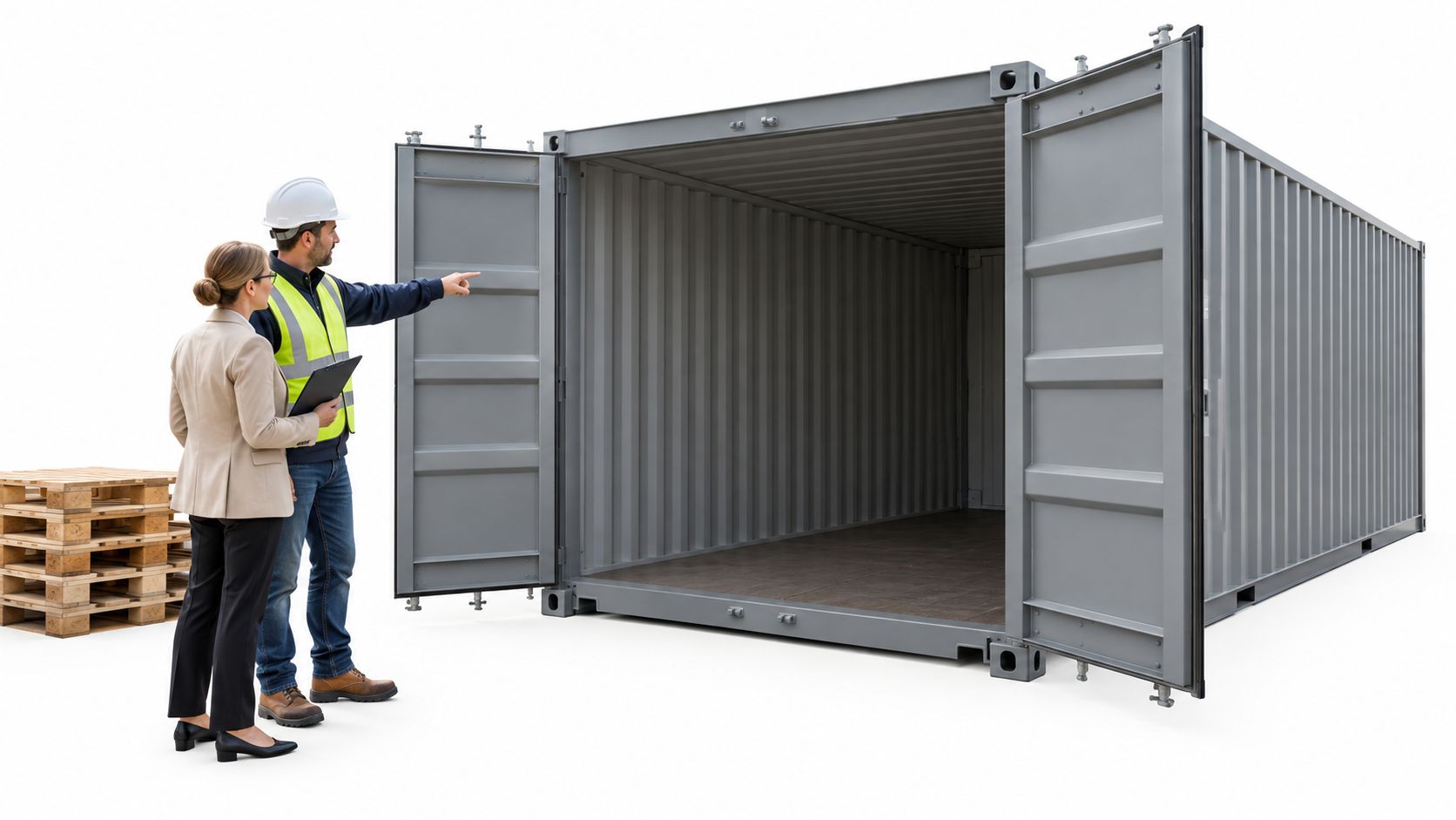 A professional woman and a contractor inspecting an empty shipping storage container unit on a white background.