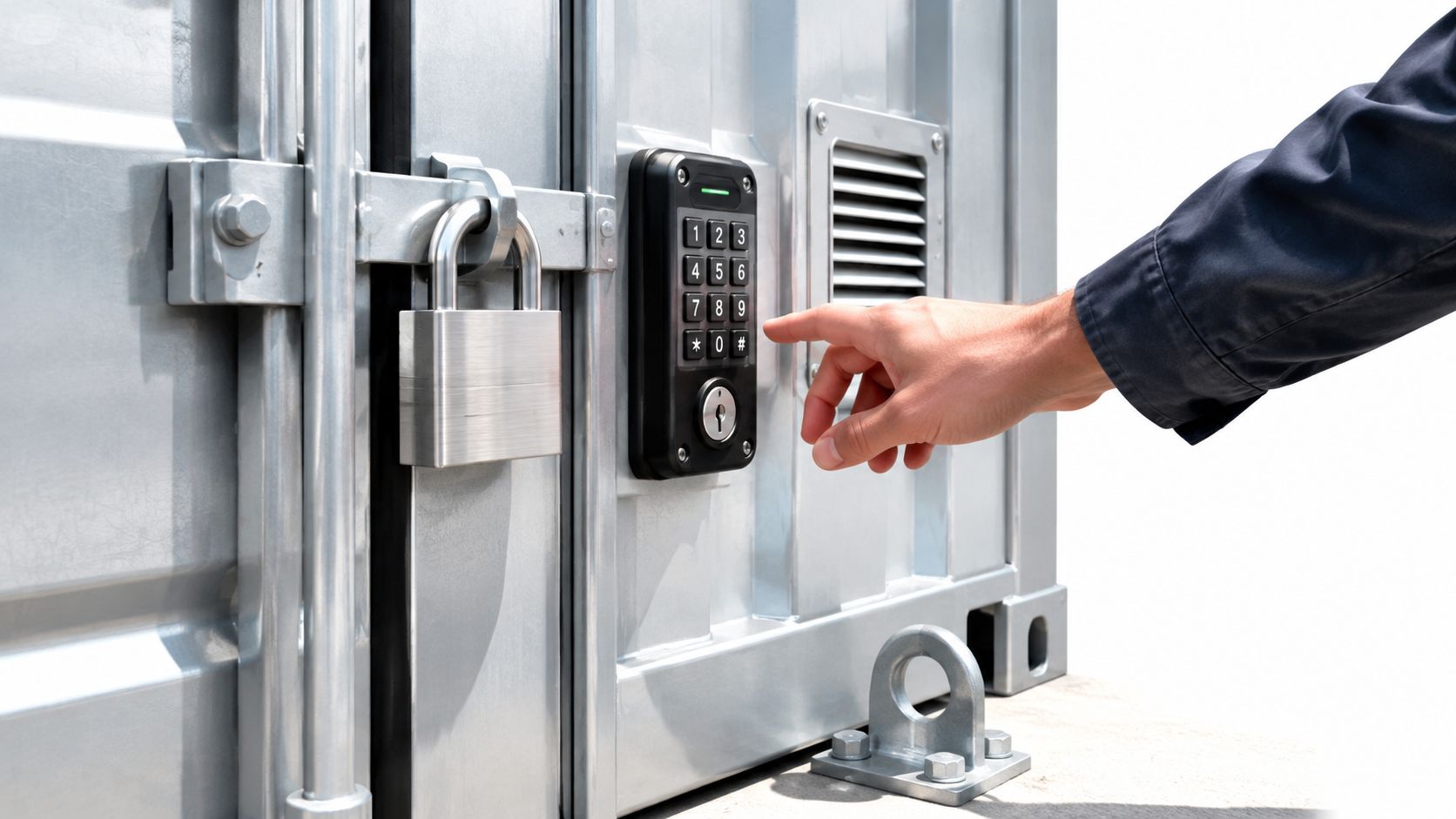 A person uses their finger to press buttons on a digital security keypad on a metal container.