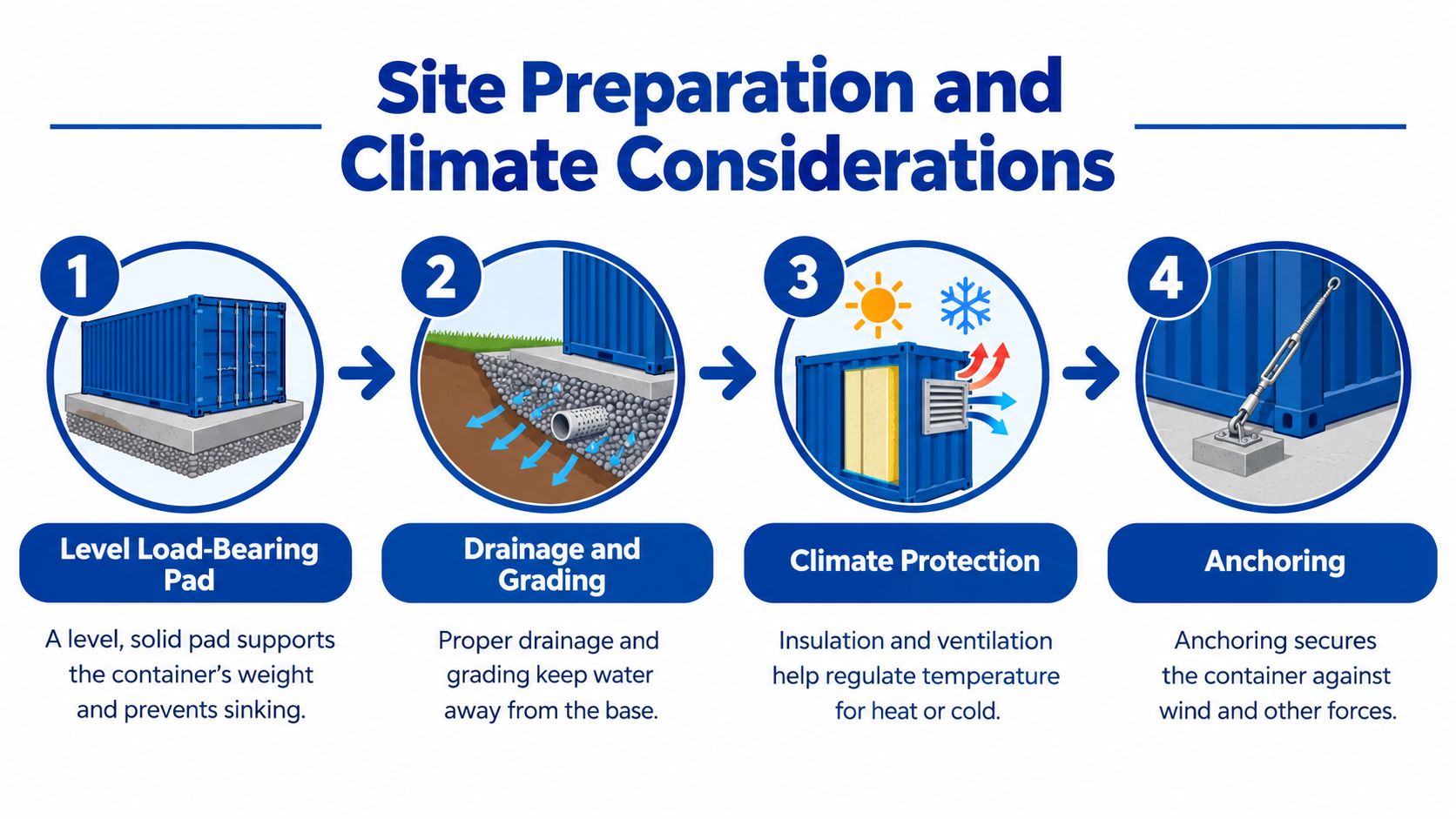 A four-step infographic showing site preparation and climate considerations for installing shipping storage container units.