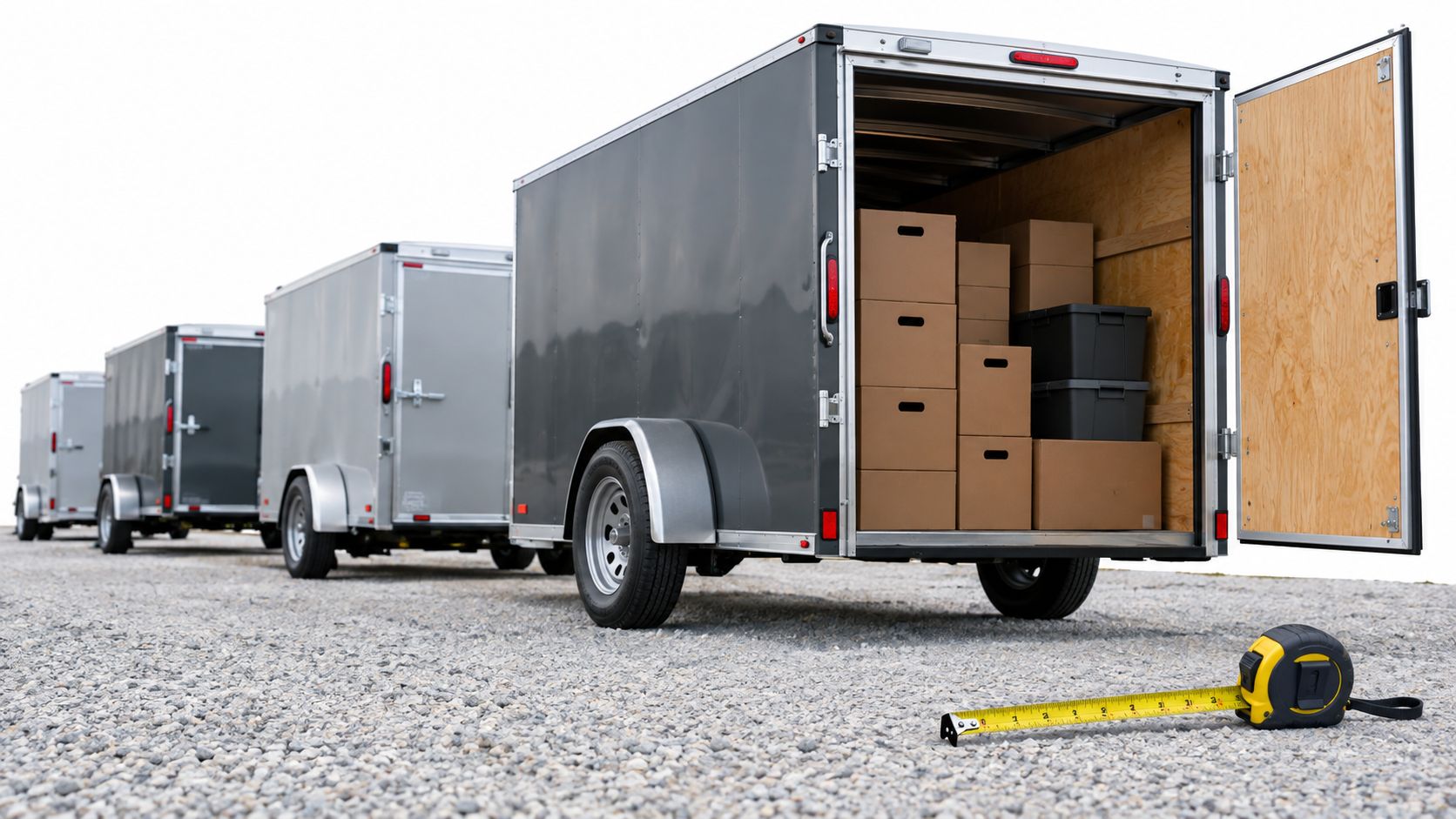 A row of several gray enclosed cargo trailers parked on a gravel lot with a measuring tape.