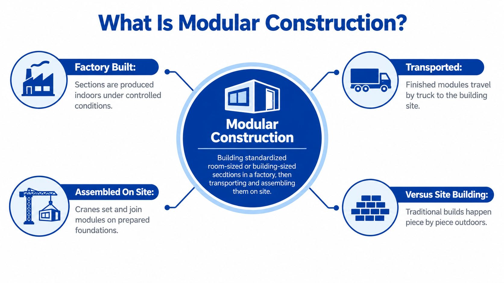 A diagram explaining modular construction showing the process from factory building to on-site assembly.