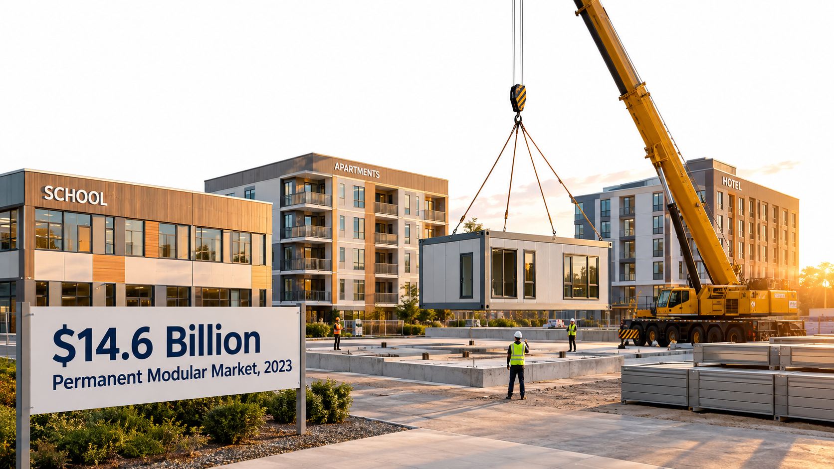 A crane lowers a modular building unit onto a construction site with other finished buildings nearby.